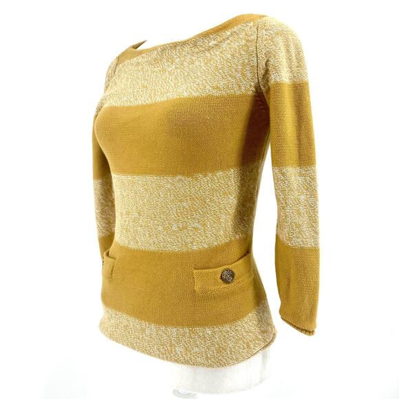Tory Burch Women’s XS Gold Yellow Striped Cotton Pullover Sweater Pockets Button - Picture 2 of 9